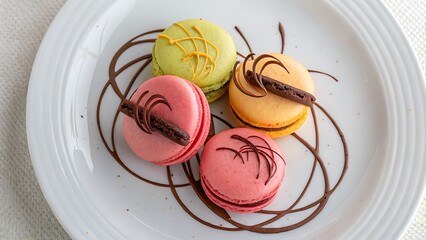 Close up of colorful macarons on a white plate with chocolate