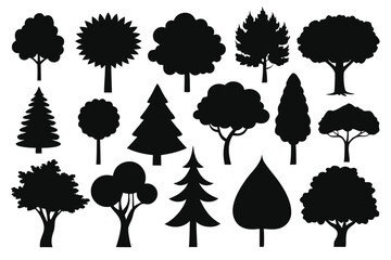 Collection of black silhouettes various tree types