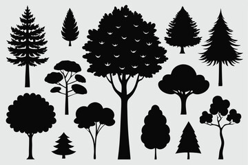 Collection of black silhouettes various tree types forest nature