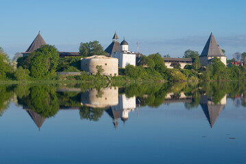 View of the ancient Staroladozhskaya fortress in the early morning of June. Leningrad Oblast, Russia
