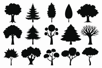 Collection of black silhouettes various tree types