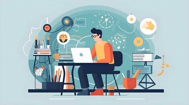 E-learning course creation concept. Instructor designing interactive lessons and quizzes using online authoring tools.