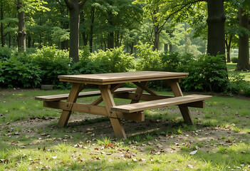 A wooden picnic table with benches sits on the grass in a shady park