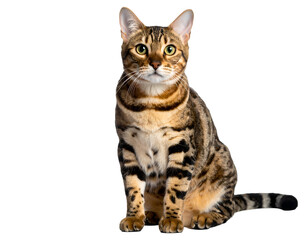 Obraz premium A magnificent Bengal cat with piercing green eyes sits calmly, its distinctive spotted coat clearly visible.