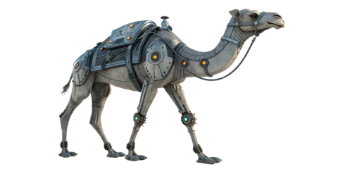 Futuristic mechanical camel with intricate metallic details and glowing orange lights isolated on transparent background