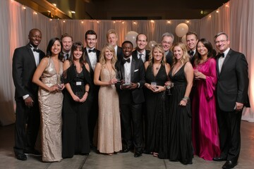 Celebration of excellence at a formal awards ceremony with tuxedos and elegant dresses in a decorated venue
