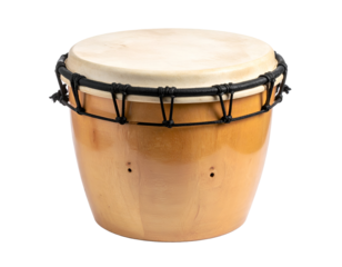 A beautifully crafted wooden hand drum with a natural skin head and intricate rope details.