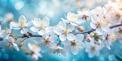 Fototapeta premium A close-up view of numerous white blossoms on a branch. 