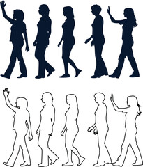 woman walking silhouette and line vector icon set, perfect collection for beauty, fashion, spa, or feminine brand designs. Simple, minimal, and timeless outline style.