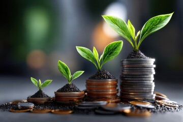Growth of investments illustrated by coins and plants in a serene outdoor setting during daylight hours