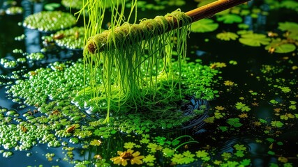 Green algae plant images, Lush Green Algae Floating on Water Surface