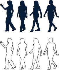  Female body silhouette outline icon vector set in different poses, ideal for yoga, wellness, therapy, or artistic brand visuals. Feminine and graceful.