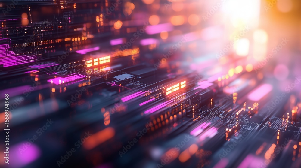 Fototapete colorful abstract representation of digital technology and circuits at twilight with glowing lights 