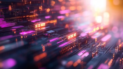 Colorful abstract representation of digital technology and circuits at twilight with glowing lights and vibrant colors