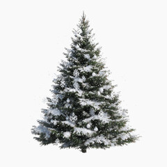Snow-Covered Christmas Tree with White Ornaments and Falling Snow on Grey Transparent background
