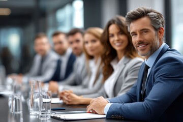 Executive team meeting in a modern conference room with professionals engaged in discussion