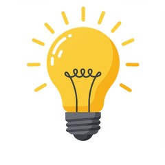 Fototapeta premium Flat vector illustration of a glowing yellow lightbulb, symbolizing innovation, inspiration, creativity, and new ideas on white background.