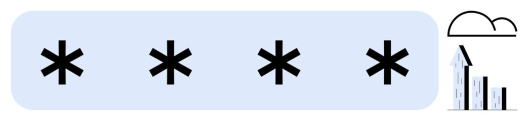Obraz premium A password field with asterisks symbolizes privacy and security, alongside an upward arrow and bar chart for growth, and a cloud icon. Ideal for data safety, technology, growth, and a simple landing