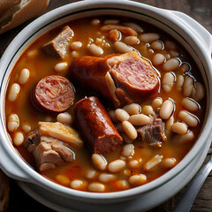A close up of a hearty stew featuring white beans various cuts of meat including sausages and a rich reddish broth served in a white bowl