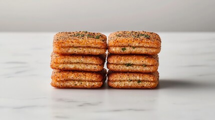 Snackification Concept. Crunchy Savory Crackers Stacked Neatly on a Light Marble Surface