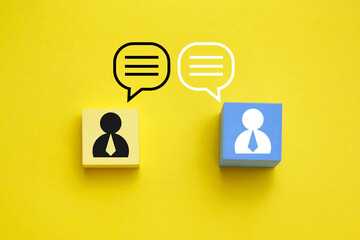 Two man with speech bubble; talking, meeting and communication concept