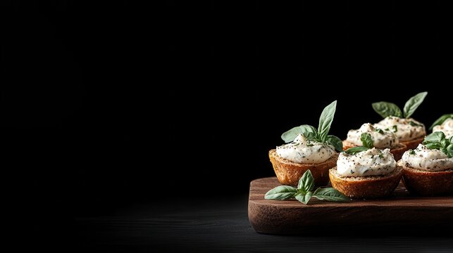 Snackification Concept. Delicious Creamy Appetizers with Fresh Basil on Wooden Plank Against Black Background