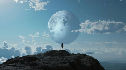 Surreal scene of person watching large moon rise in daylight sky - Powered by Adobe