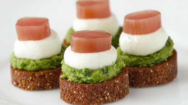 Snackification Concept. Elegant Appetizer with Green Spread, Cream, and Topped Vegetable Garnish on Whole Grain Base