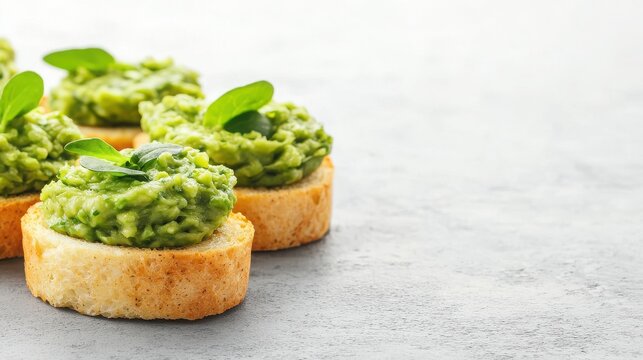 Snackification Concept. Fresh Avocado Spread on Toasted Bread with Green Herb Garnish for Appetizer or Snack
