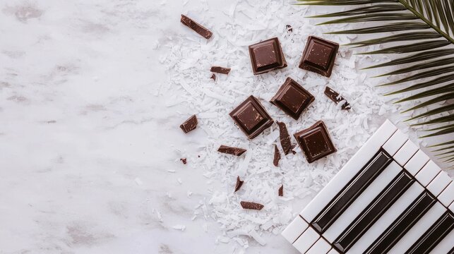 Snackification Concept. Dark Chocolate Squares on Marble Surface with Coconut Flakes and Green Palm Leaf Decoration