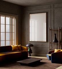A Bold fusion of modern artistry and retro elegance in living room design. 3D illustration