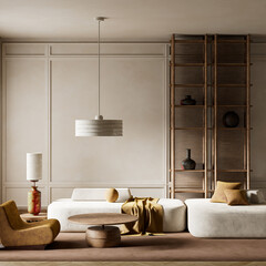 Minimalist living room with warm earthy tones. Serene minimalist lounge. 3D illustration