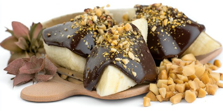 Snackification Concept. Delicious Banana Treats with Chocolate and Nuts on a Wooden Plate for Dessert Lovers