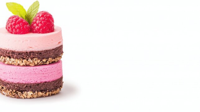 Snackification Concept. Delicious layered dessert with raspberry and mint on a white background