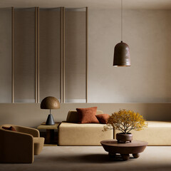 Serene minimalist living room with earthy tones. 3D illustration