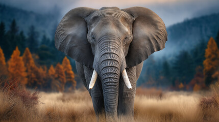 Obraz premium A majestic African elephant confronts the camera in a breathtaking autumn landscape. Its powerful presence dominates the scene, with a backdrop of golden trees and hazy mountains.