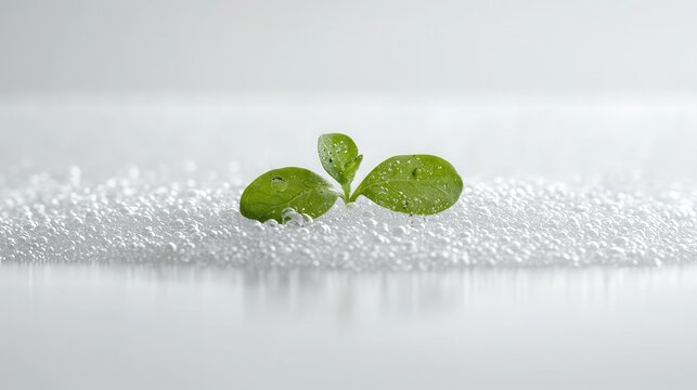 Snackification Concept. Green Plant Sprout on White Surface Surrounded by Water Droplets and Bubbles