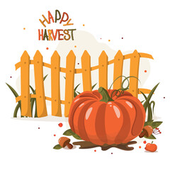 Postcard for design. Warm illustration, fence, autumn, pumpkins, harvest, colorful leaves. Autumn seasonal postcards with leaves and floral elements in autumn colors.