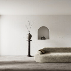 Elegant living room with sculptural decor and soft light. 3D illustration