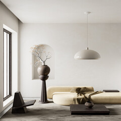 Modern living room harmony with neutral tones. 3D illustration