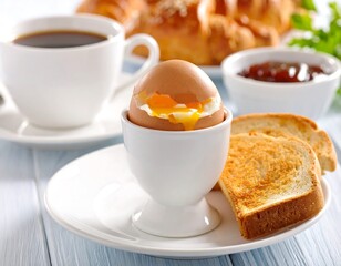 Breakfast scene with egg, toast, and coffee