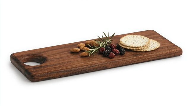 Snackification Concept. Rustic wooden board with assorted nuts, berries, and crackers for elegant snack presentation