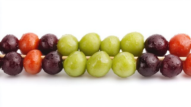 Snackification Concept. Colorful Fruit Skewers with Grapes and Melons on White Background for Healthy Snack Ideas
