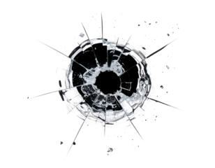 Intense bullet hole effect on transparent glass, showcasing realistic shattered fragments and radiating lines.