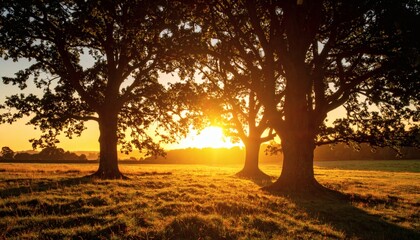 Golden Sunset Through Majestic Oak Trees in a Serene Meadow