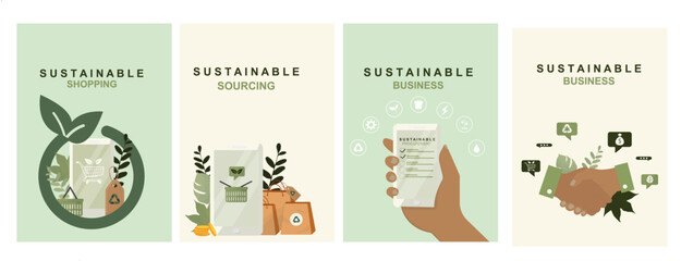 Sustainable business shopping posters collection. procurement and partnership themes. Green business and environmental responsibility template collection. Flat style. Vector illustration