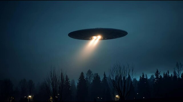 UFO spaceship flying above forest at night with bright spotlight illuminating dark blue sky in mysterious outdoor scene full of suspense and unknown energy.