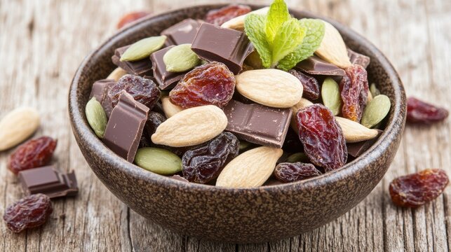 Snackification Concept. Delicious Healthy Snack with Chocolate, Nuts, Seeds, Dried Fruits, and Fresh Mint Leaves