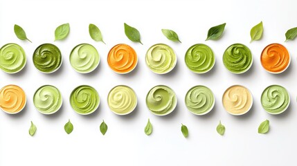 Snackification Concept. Artistic Display of Colorful Cream Varieties on a White Background with Green Leaves