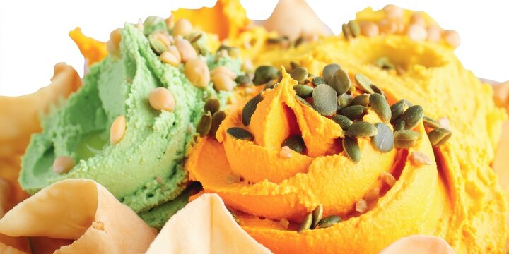 Snackification Concept. Colorful Fresh Gelato Swirls with Pumpkin Seeds and Crunchy Wafers on a White Background